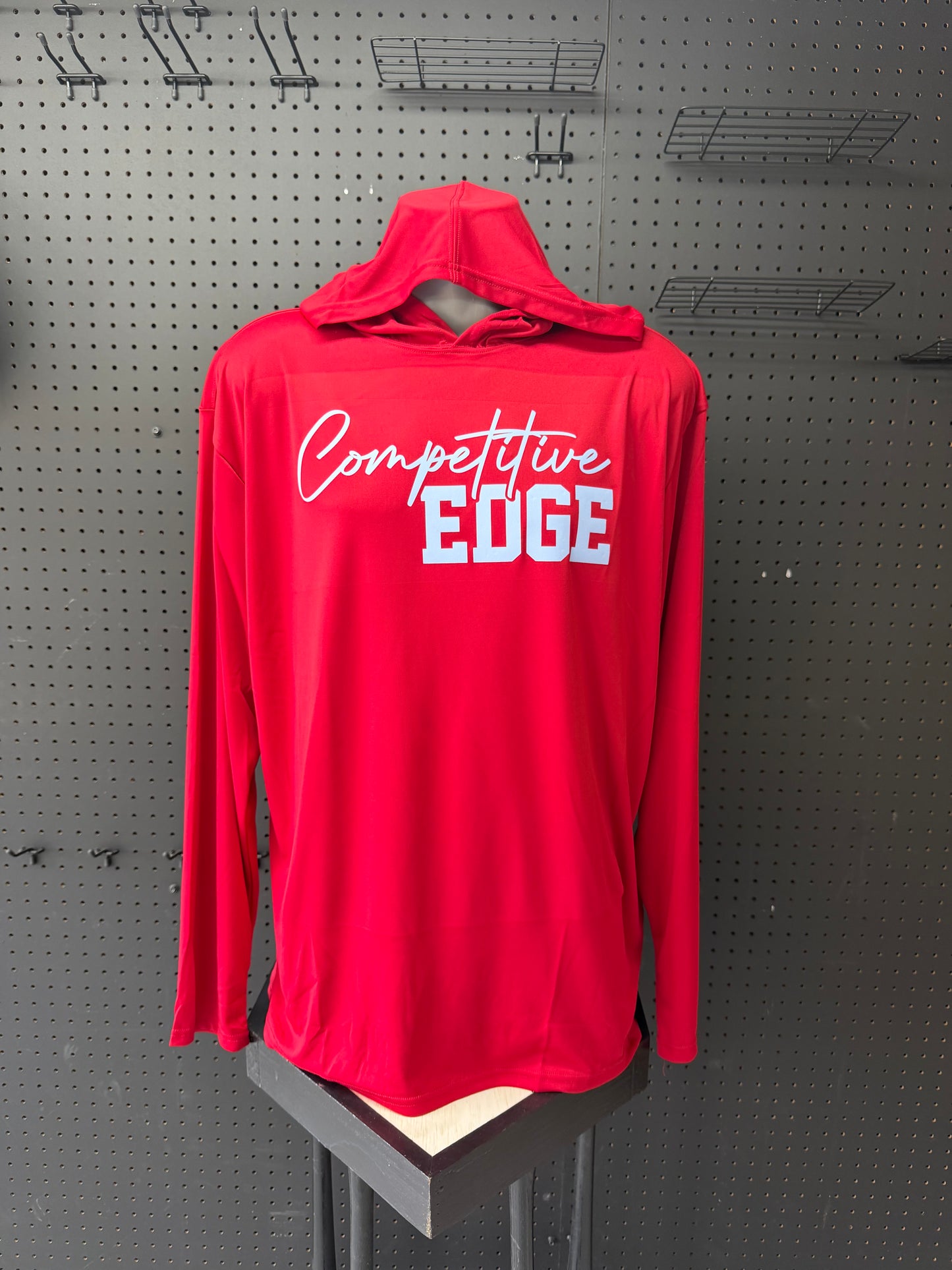 RED CE LONG SLEEVE HOODED TEE